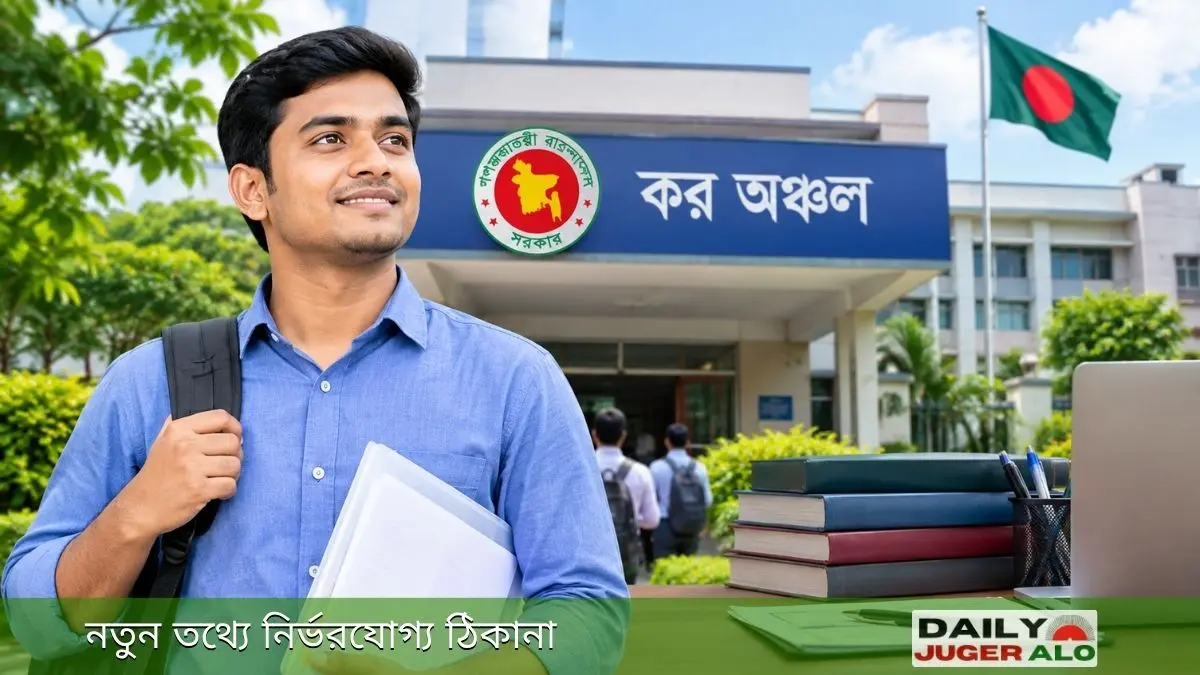 সরকারি চাকরিপ্রত্যাশী এক তরুণের হাতে আবেদনপত্র, পেছনে কর অঞ্চল অফিস এবং সামনে বই ও ল্যাপটপ।