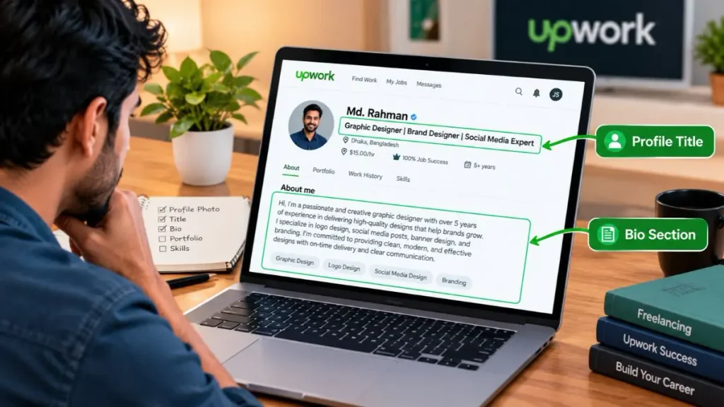 Upwork এ কাজ পাওয়ার উপায় জানতে প্রফেশনাল ফ্রিল্যান্সার প্রোফাইল, বায়ো ও স্কিল সাজানোর উদাহরণ