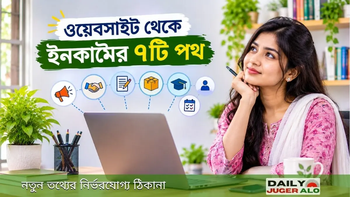 ল্যাপটপে খোলা ব্লগ ওয়েবসাইট এবং পাশে ওয়েবসাইট থেকে ইনকামের সাতটি পথের ডায়াগ্রাম