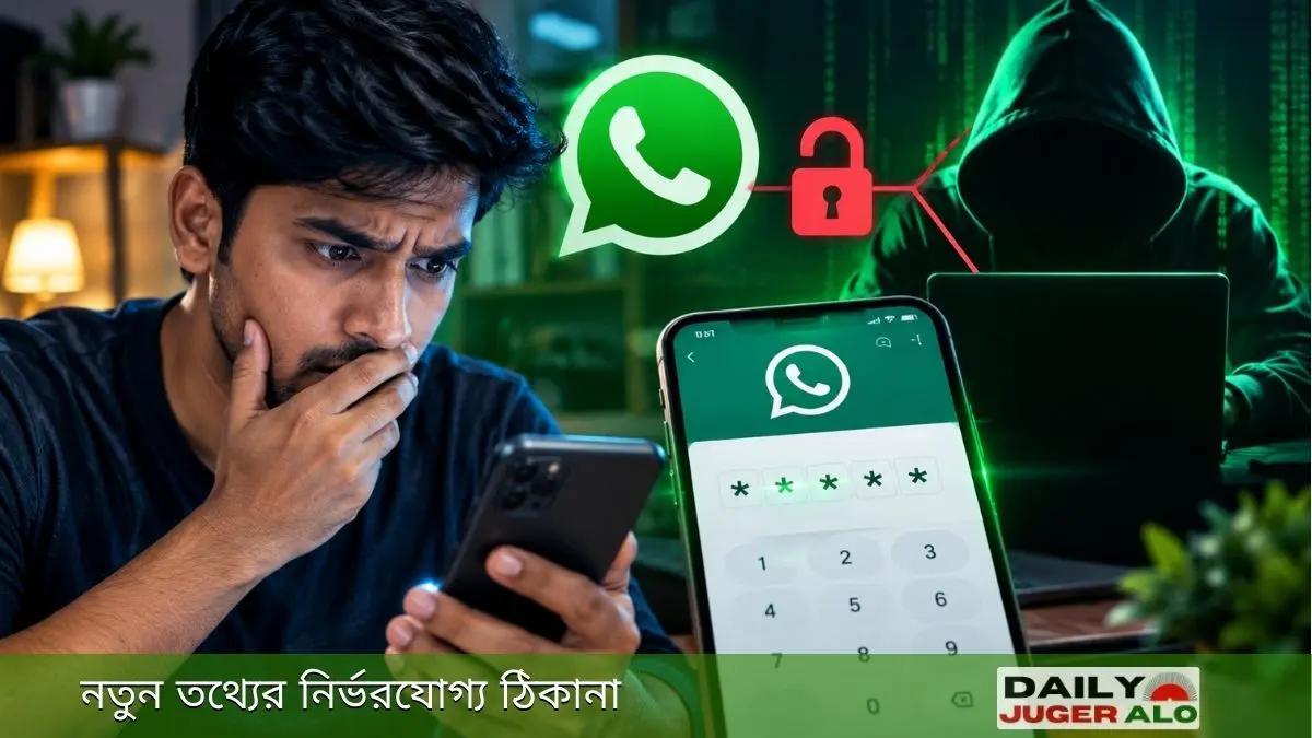 হোয়াটসঅ্যাপ হ্যাক হলে করণীয় সম্পর্কে সচেতনতা, স্মার্টফোনে হোয়াটসঅ্যাপ ভেরিফিকেশন কোড এবং সাইবার নিরাপত্তা ঝুঁকি নিয়ে চিন্তিত এক তরুণ।