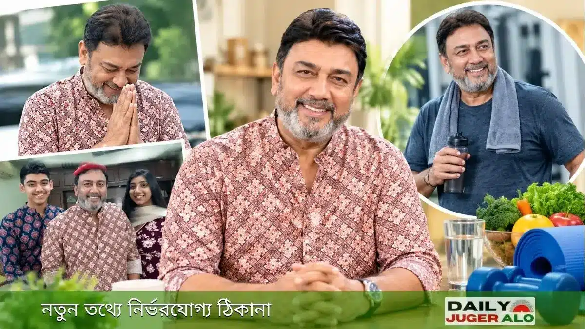 ৬০ বছর বয়সে অভিনেতা জাহিদ হাসানের হাস্যোজ্জ্বল ছবি, সঙ্গে পরিবারের মুহূর্ত ও ফিট থাকার প্রতীকী ব্যায়াম ও স্বাস্থ্যকর খাবারের দৃশ্য।